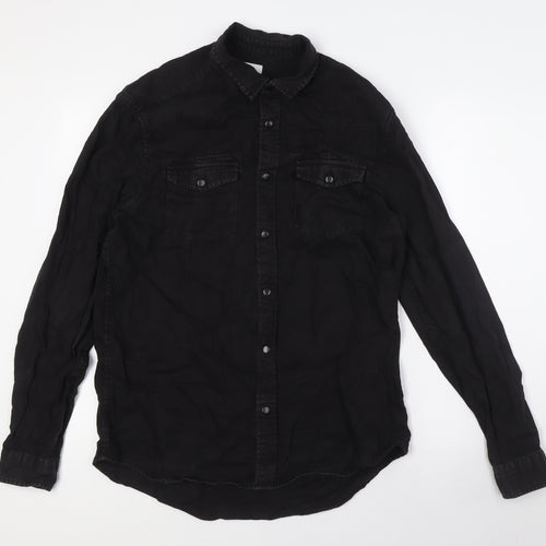 River Island Mens Black Cotton Button-Up Size M Collared Snap