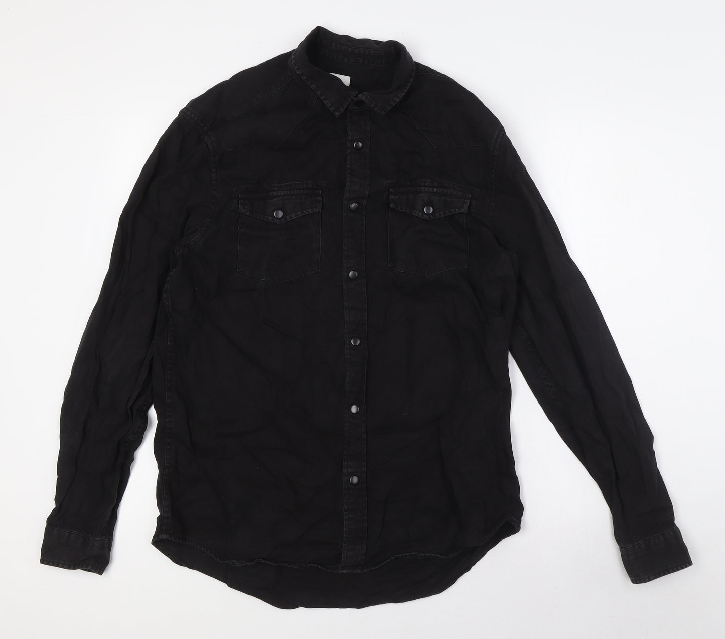 River Island Mens Black Cotton Button-Up Size M Collared Snap