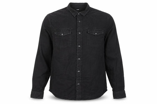 Front view of River Island men’s black cotton button-up, size M, collared snap