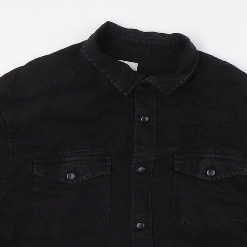 River Island Mens Black Cotton Button-Up Size M Collared Snap