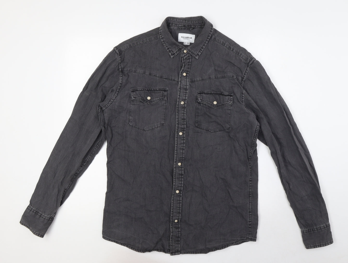 Pull&Bear Mens Black Cotton Button-Up Size M Collared Snap