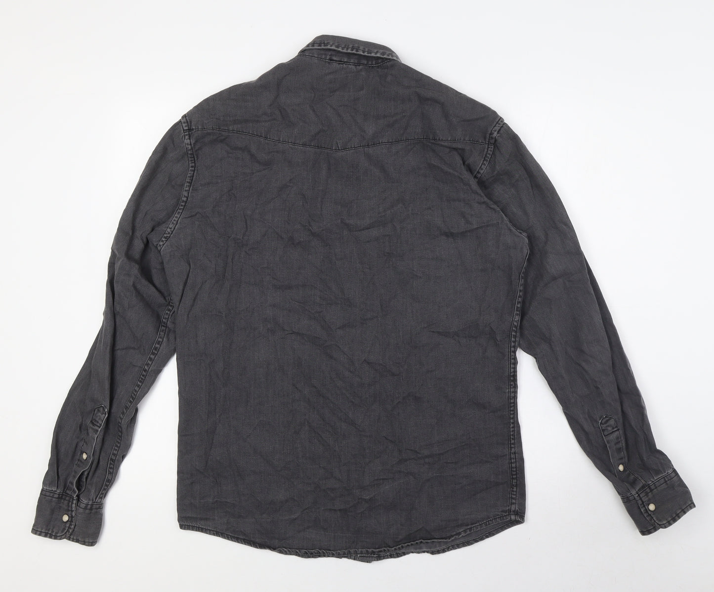 Pull&Bear Mens Black Cotton Button-Up Size M Collared Snap