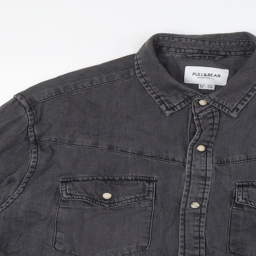 Pull&Bear Mens Black Cotton Button-Up Size M Collared Snap