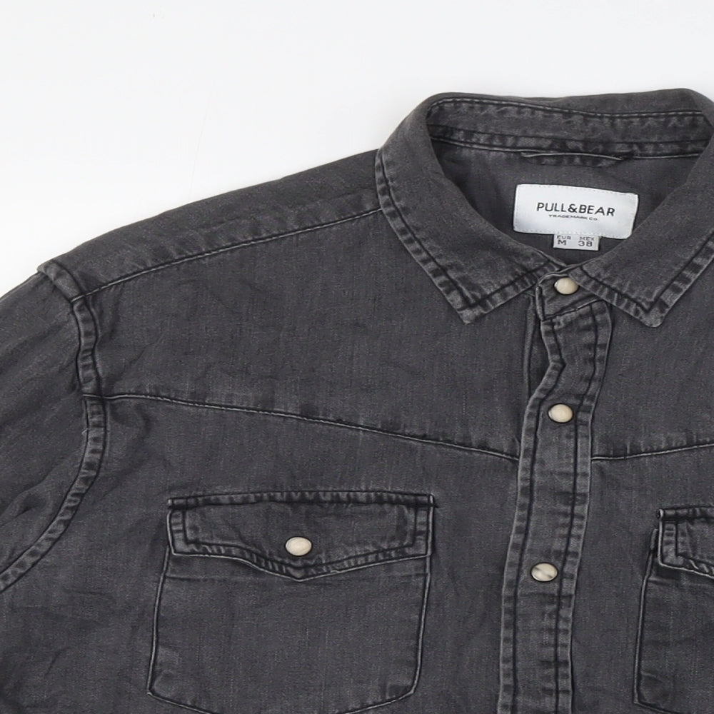 Pull&Bear Mens Black Cotton Button-Up Size M Collared Snap