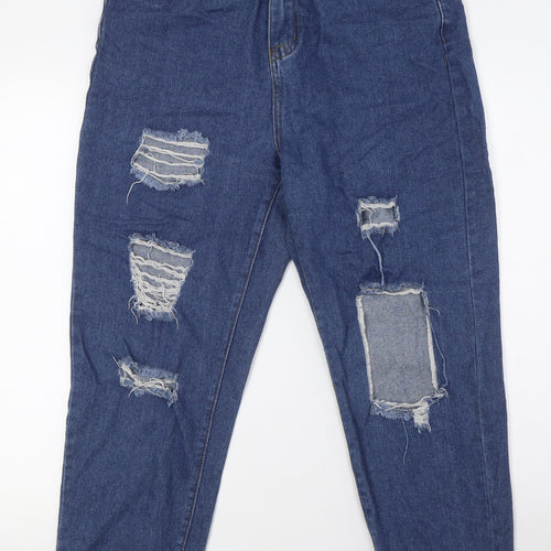 Boohoo Womens Blue Cotton Mom Jeans Size 12 L27 in Regular Tie - Raw Hem