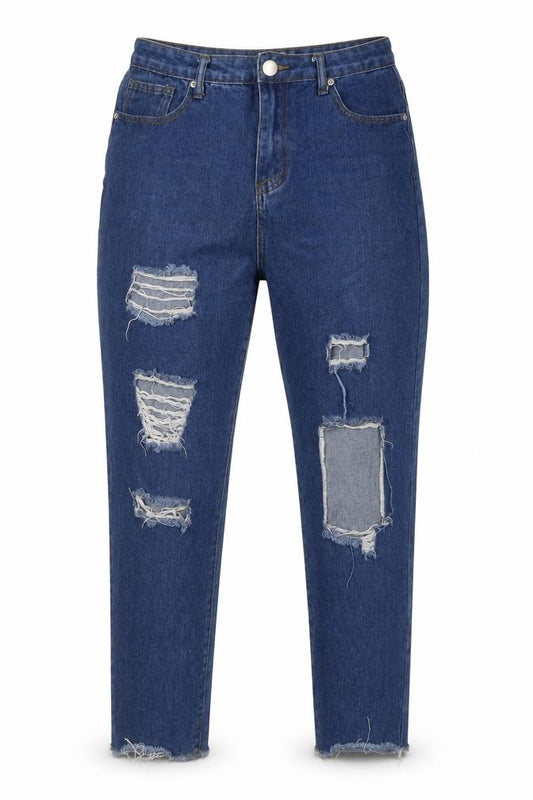 Front view of Boohoo women’s blue cotton mom jeans, size UK 12, 27-inch leg regular tie - raw hem