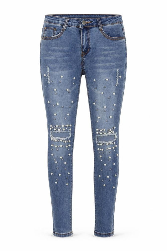 Front view of Jeans Signature women’s blue cotton skinny jeans, size UK 28, in, 27-inch leg regular zip - pearls