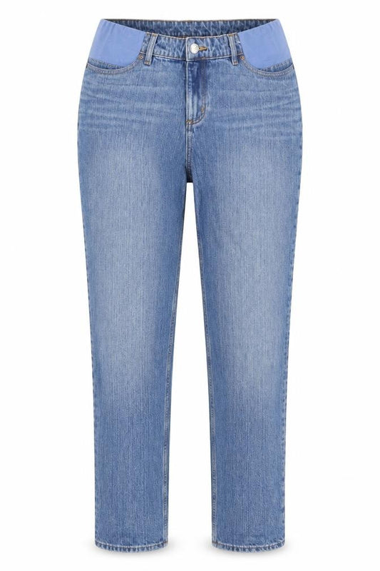 Front view of ASOS women’s blue cotton mom jeans, size UK 10, 32-inch leg regular snap