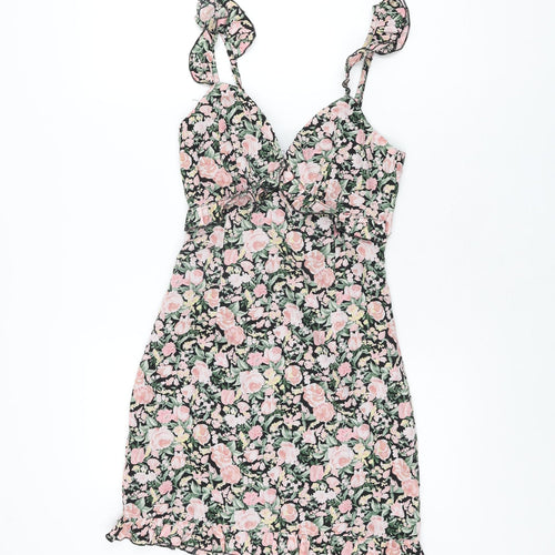 Atmos & Here Womens Black Floral Polyester Mini Size 6 V-Neck Zip