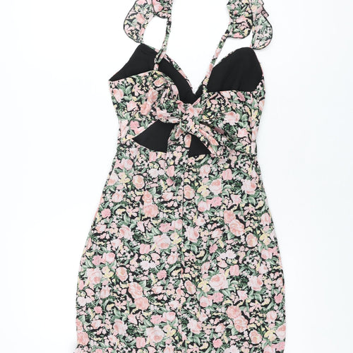 Atmos & Here Womens Black Floral Polyester Mini Size 6 V-Neck Zip