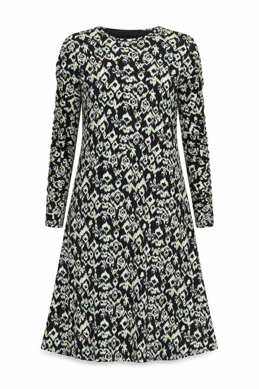 Front view of Marks & Spencer women’s black geometric polyester a-line, size UK 10, round neck pullover