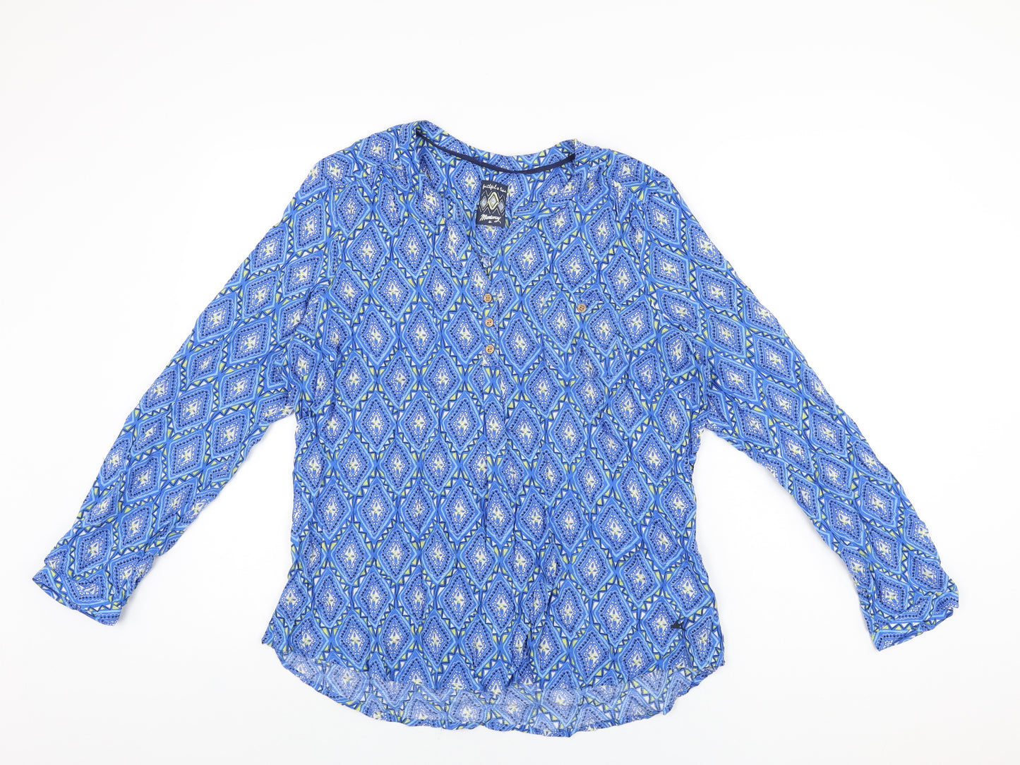 Mantaray Womens Blue Geometric Viscose Basic T-Shirt Size 16 V-Neck