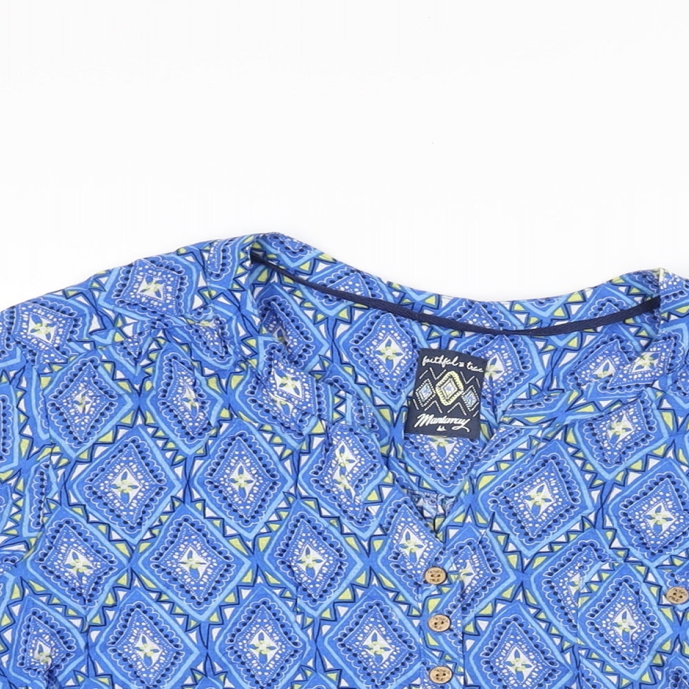 Mantaray Womens Blue Geometric Viscose Basic T-Shirt Size 16 V-Neck