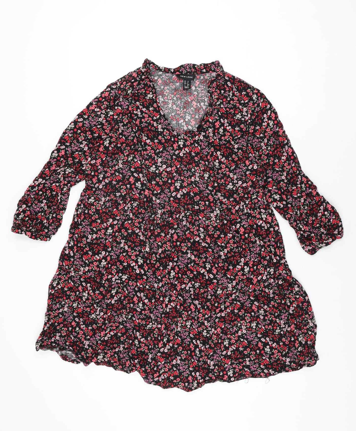 New Look Womens Black Floral Viscose Shift Size 12 V-Neck Pullover