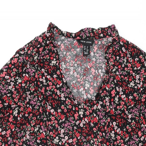 New Look Womens Black Floral Viscose Shift Size 12 V-Neck Pullover
