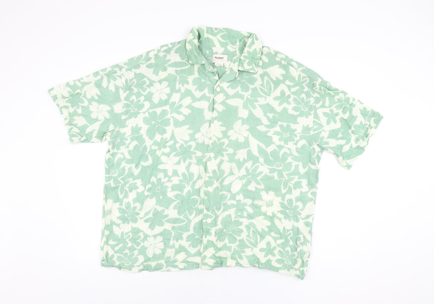 Pull&Bear Mens Green Floral Cotton Button-Up Size XL Collared Button