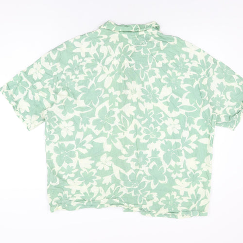 Pull&Bear Mens Green Floral Cotton Button-Up Size XL Collared Button