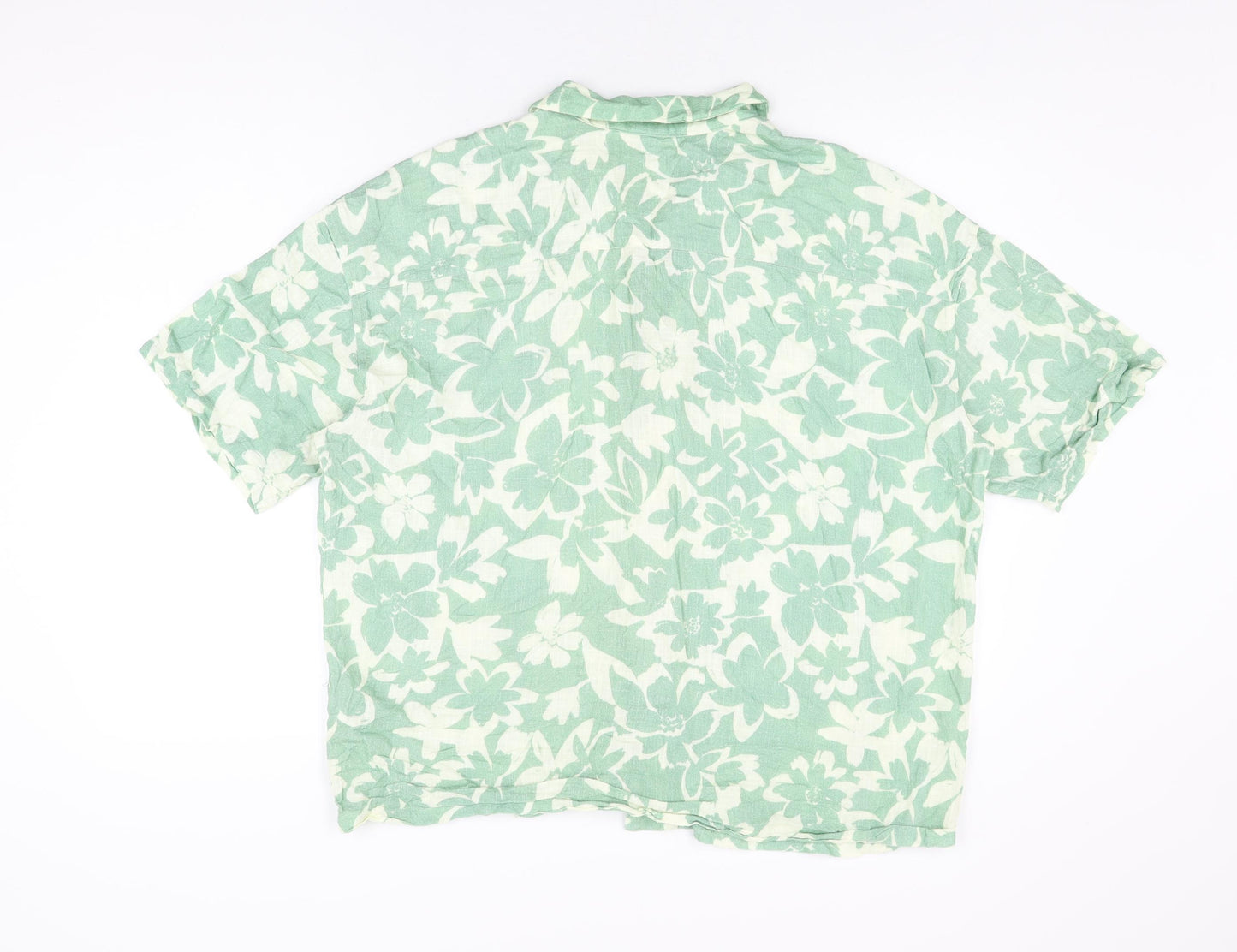 Pull&Bear Mens Green Floral Cotton Button-Up Size XL Collared Button