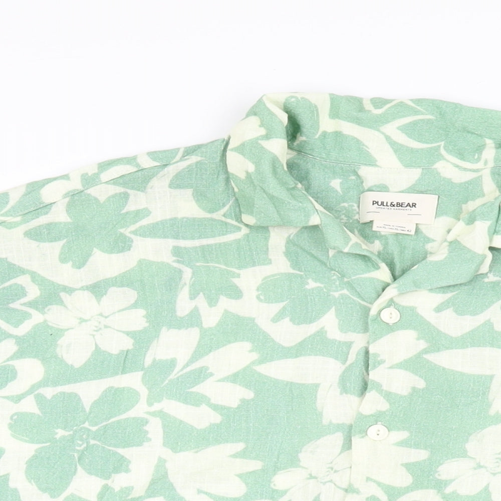 Pull&Bear Mens Green Floral Cotton Button-Up Size XL Collared Button