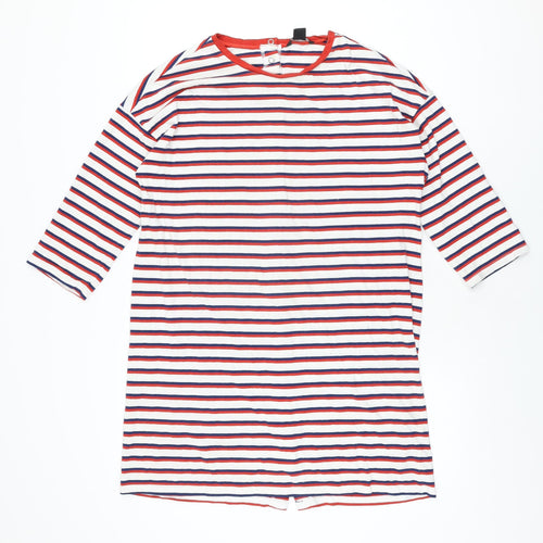 Monki Womens White Striped Cotton T-Shirt Dress Size S Round Neck Snap