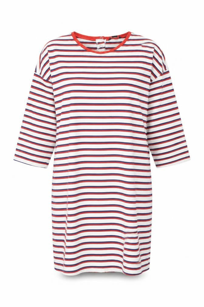 Monki Womens White Striped Cotton T-Shirt Dress Size S Round Neck Snap