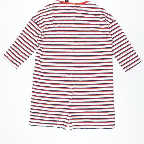 Monki Womens White Striped Cotton T-Shirt Dress Size S Round Neck Snap
