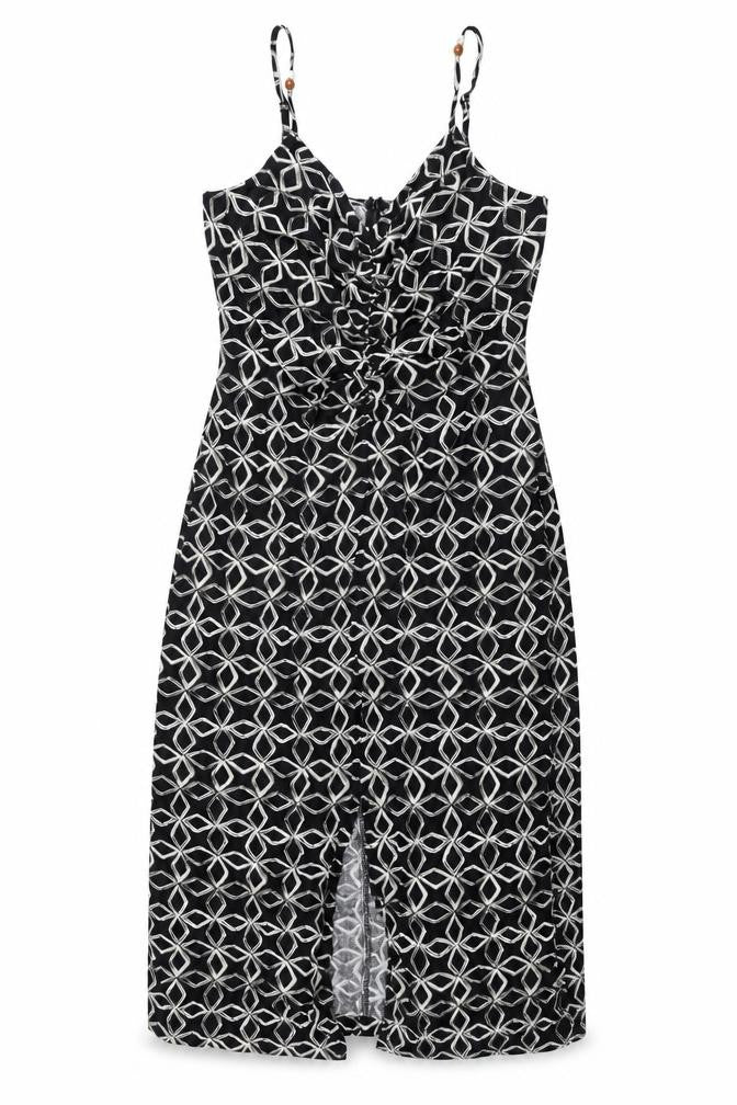 Marks and Spencer Womens Black Geometric Viscose A-Line Size 10 V-Neck Zip