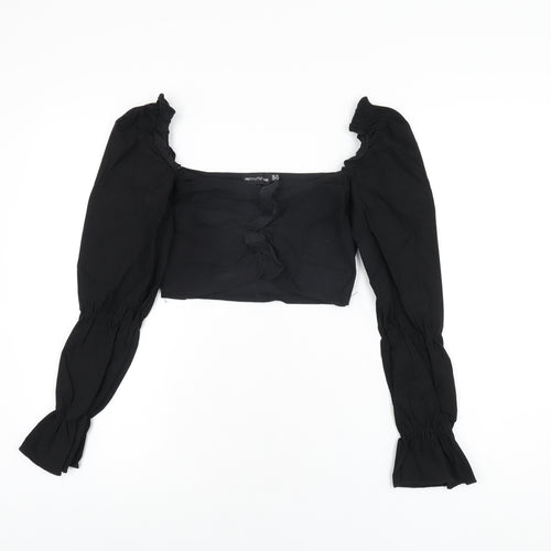 PRETTYLITTLETHING Womens Black Polyester Cropped T-Shirt Size 10 Square Neck