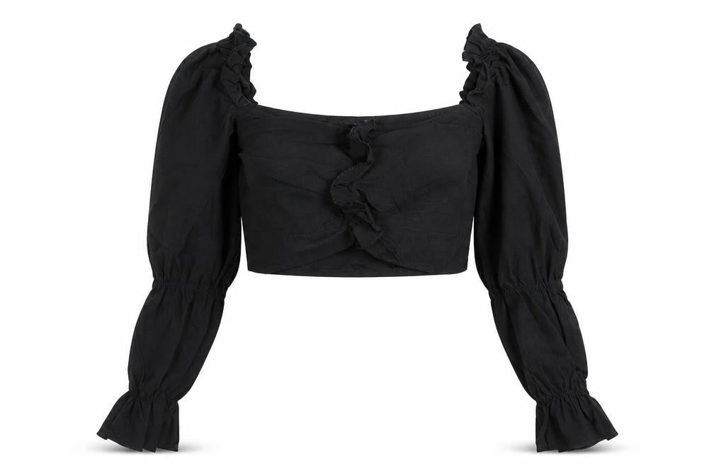 Front view of PRETTYLITTLETHING women’s black polyester cropped t-shirt, size UK 10, square neck