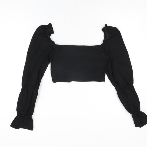 PRETTYLITTLETHING Womens Black Polyester Cropped T-Shirt Size 10 Square Neck