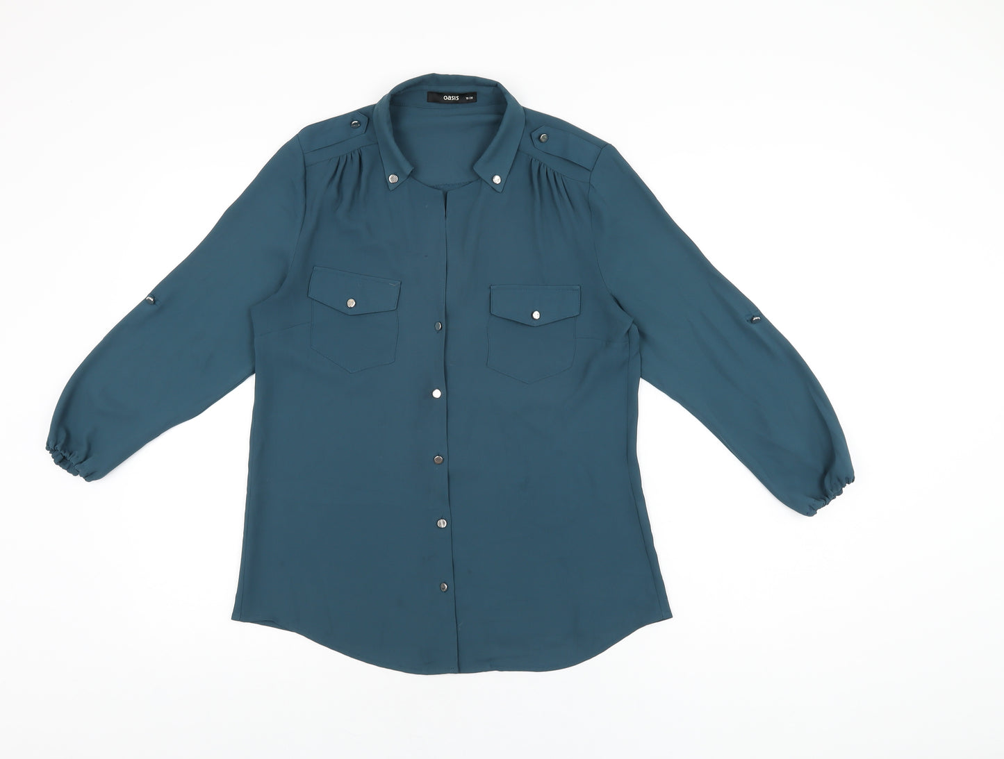 Oasis Womens Blue Polyester Basic Button-Up Size 10 Collared
