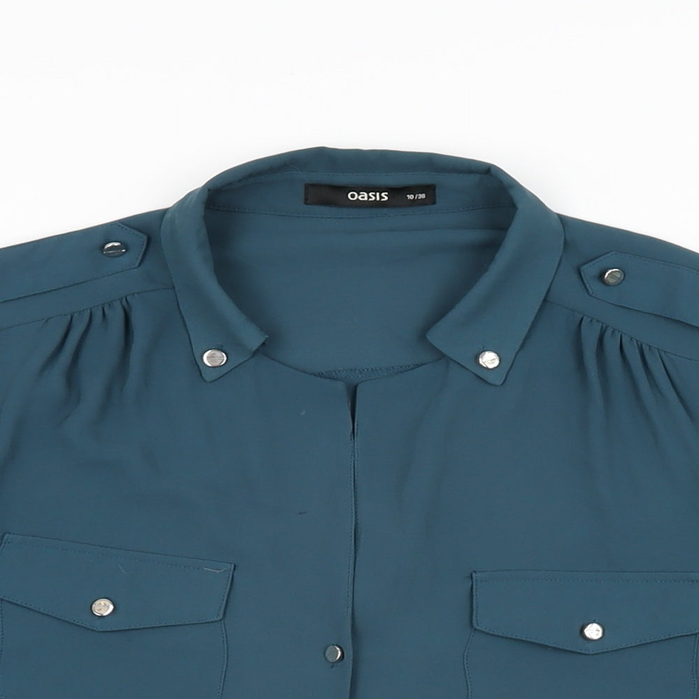Oasis Womens Blue Polyester Basic Button-Up Size 10 Collared