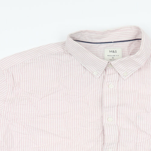 Marks and Spencer Mens Pink Striped Cotton Button-Up Size XL Collared Button