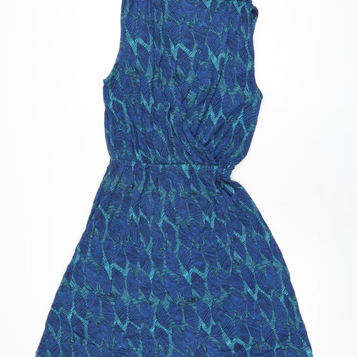 Marks and Spencer Womens Blue Geometric Viscose Skater Dress Size 12 V-Neck Pullover