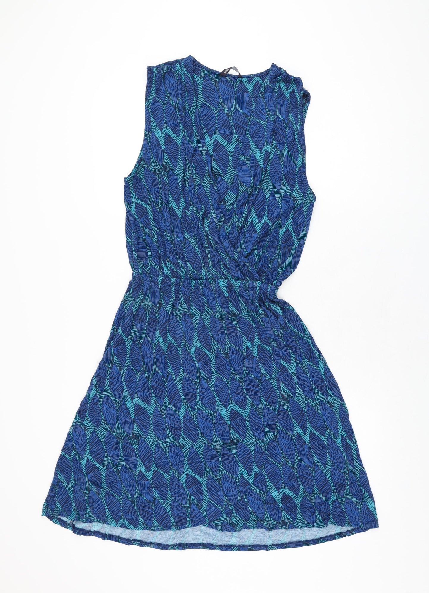 Marks and Spencer Womens Blue Geometric Viscose Skater Dress Size 12 V-Neck Pullover