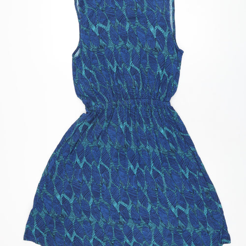 Marks and Spencer Womens Blue Geometric Viscose Skater Dress Size 12 V-Neck Pullover