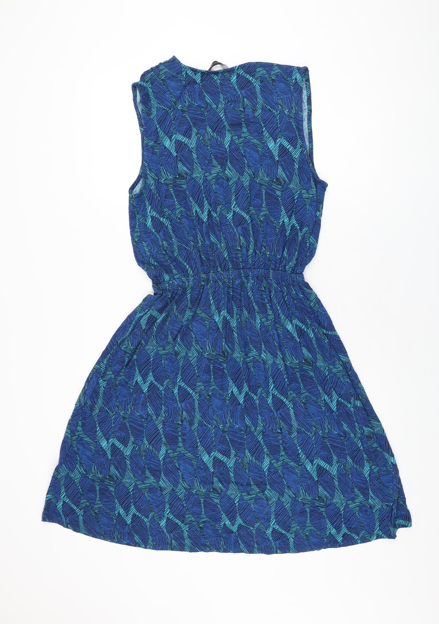 Marks and Spencer Womens Blue Geometric Viscose Skater Dress Size 12 V-Neck Pullover