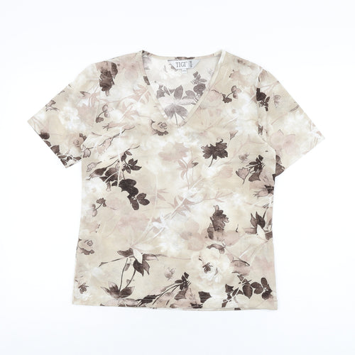 TIGI Womens Beige Floral Polyester Basic T-Shirt Size 10 V-Neck - Size 10-12