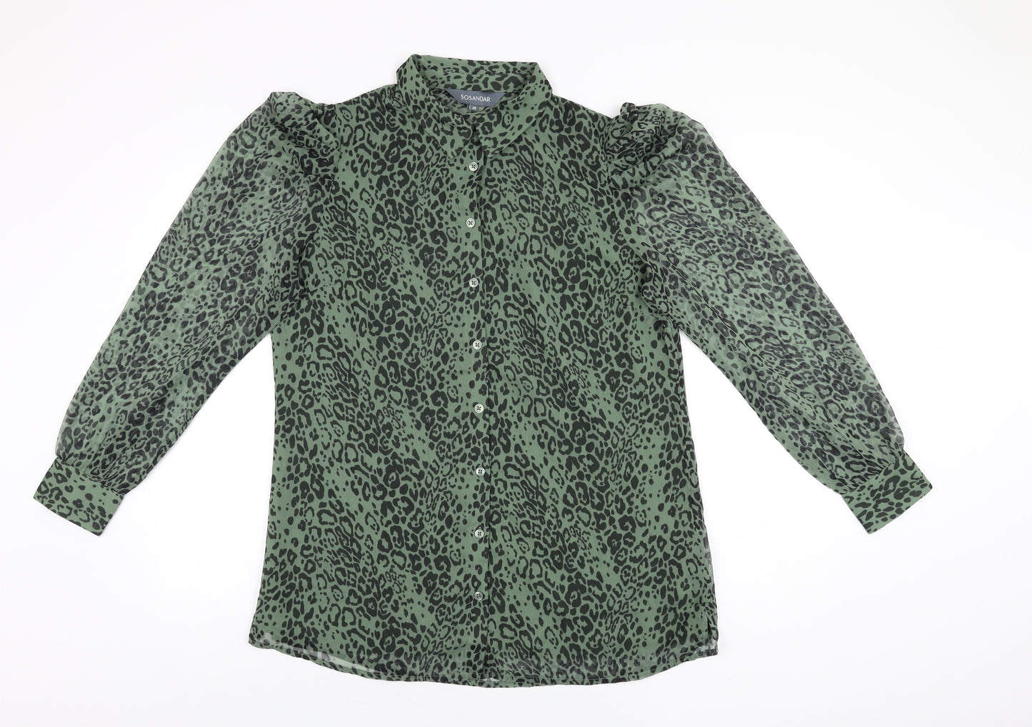 SOSANDAR Womens Green Animal Print Polyester Basic Button-Up Size 14 Collared