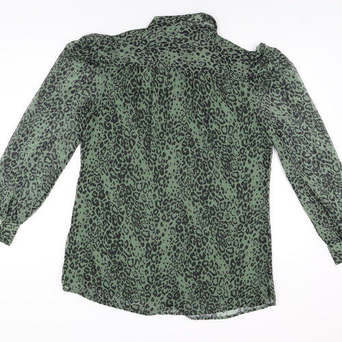 SOSANDAR Womens Green Animal Print Polyester Basic Button-Up Size 14 Collared