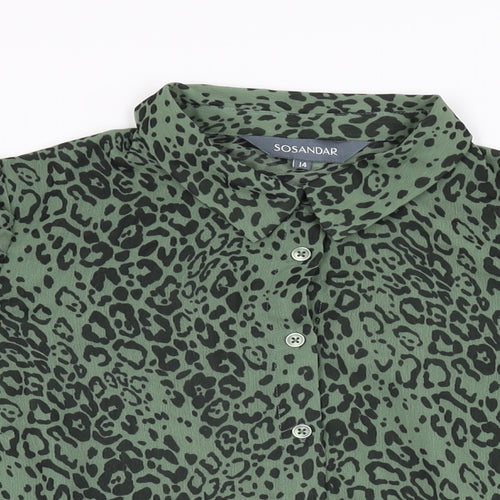 SOSANDAR Womens Green Animal Print Polyester Basic Button-Up Size 14 Collared