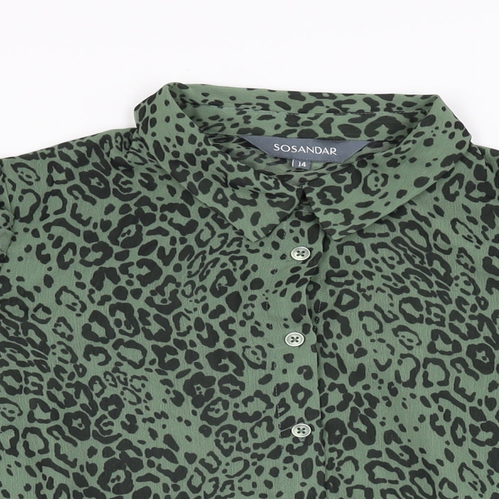 SOSANDAR Womens Green Animal Print Polyester Basic Button-Up Size 14 Collared