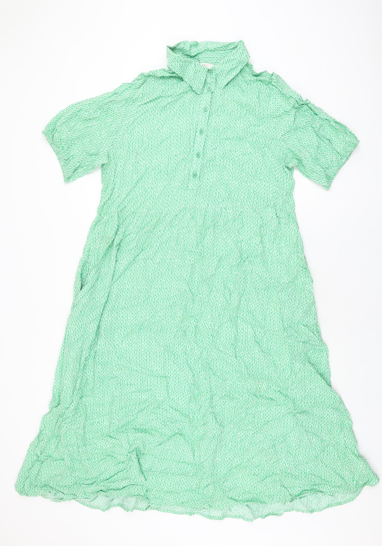 Marks and Spencer Womens Green Geometric Viscose A-Line Size 16 Collared Button