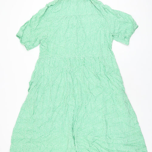 Marks and Spencer Womens Green Geometric Viscose A-Line Size 16 Collared Button