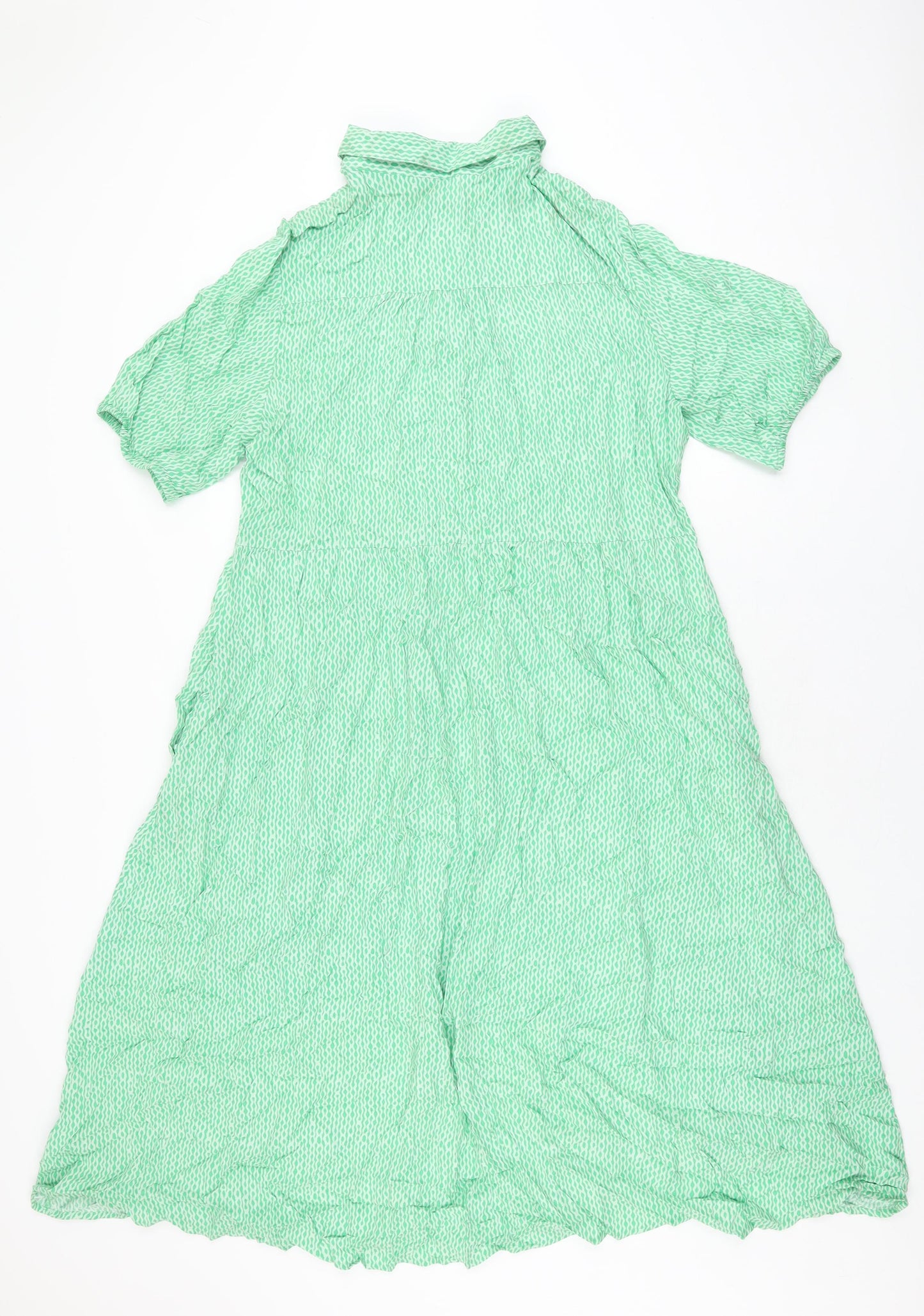 Marks and Spencer Womens Green Geometric Viscose A-Line Size 16 Collared Button