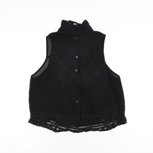 Topshop Womens Black Polyester Basic Button-Up Size 8 Round Neck