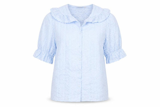 Front view of Eifini women’s blue polyester basic button-up, size M, collared