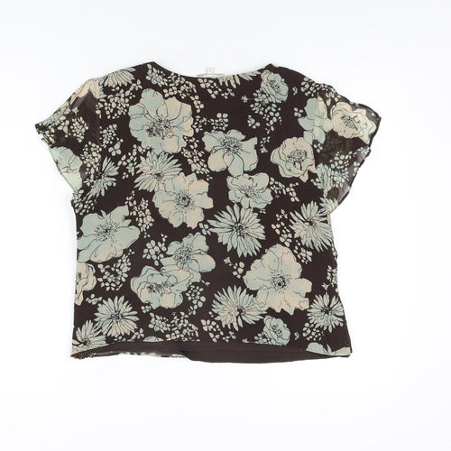 CC Womens Brown Floral Silk Basic Blouse Size 12 V-Neck
