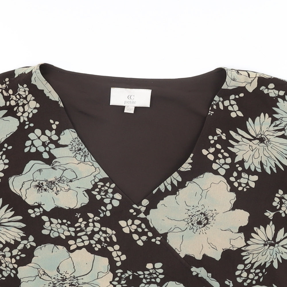 CC Womens Brown Floral Silk Basic Blouse Size 12 V-Neck