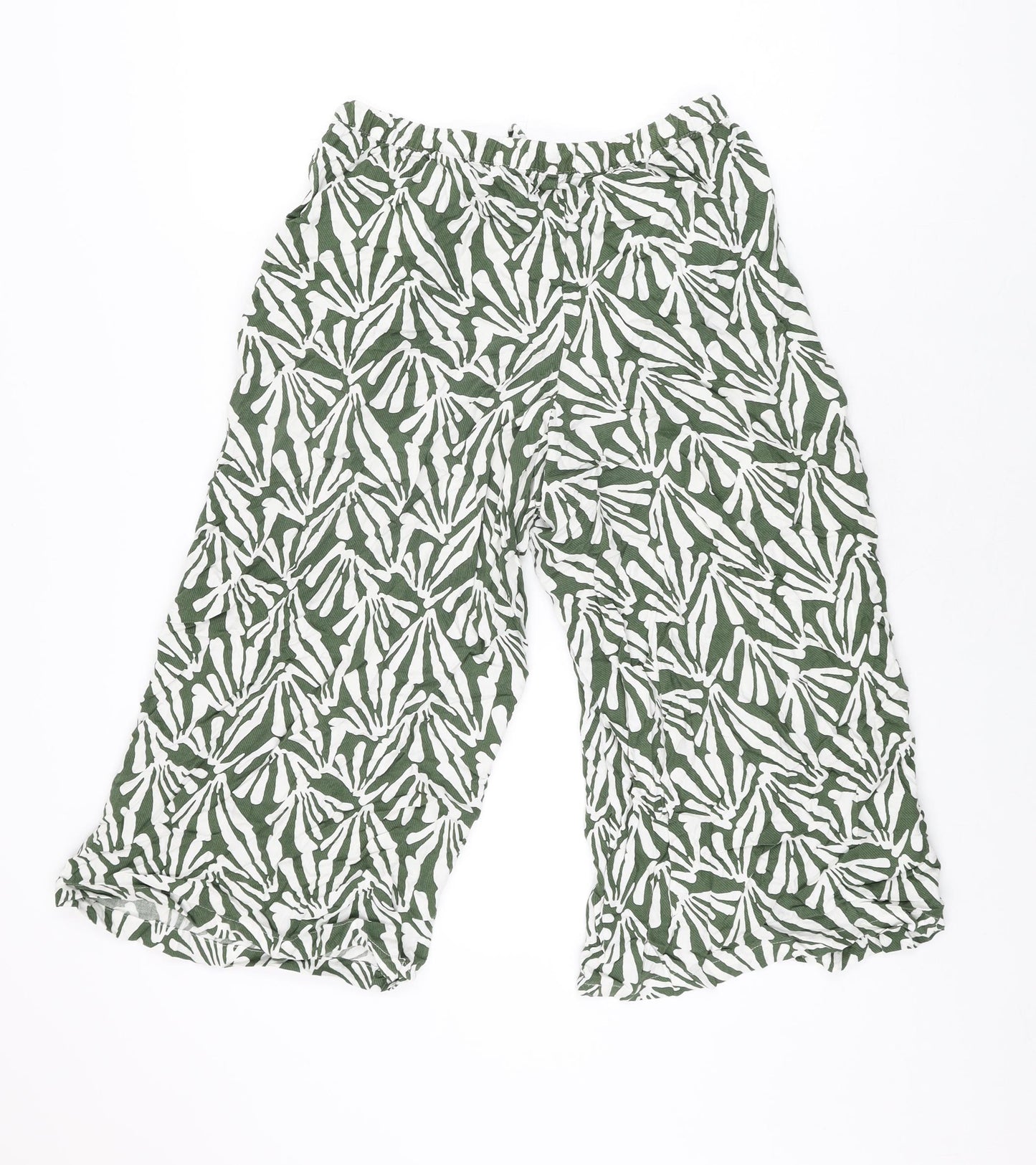 Marks and Spencer Womens Green Geometric Viscose Cropped Trousers Size 12 Regular Drawstring